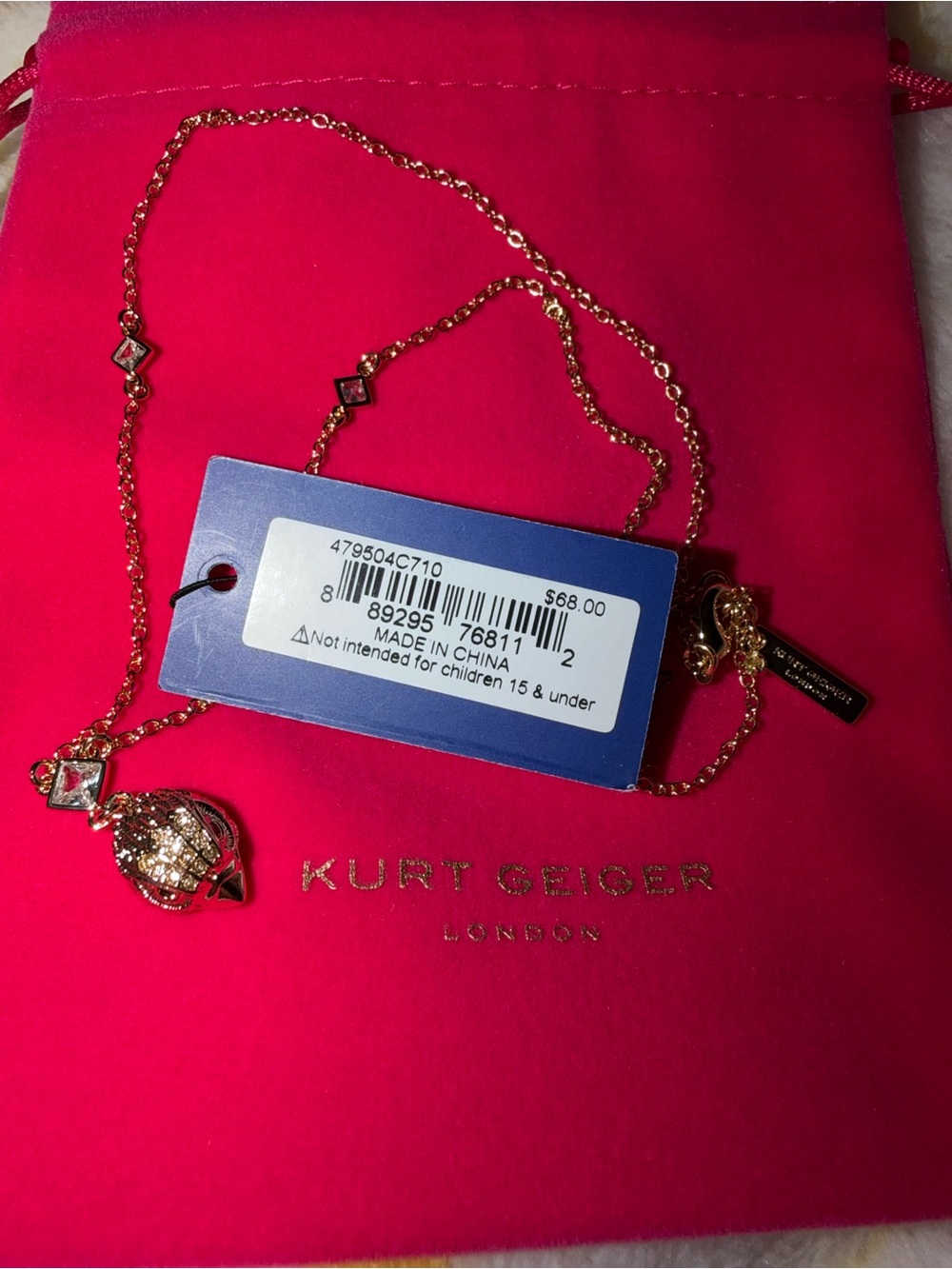 NWT Kurt Geiger London Signature Eagle Head Pendant Necklace Gold Crystal 16”